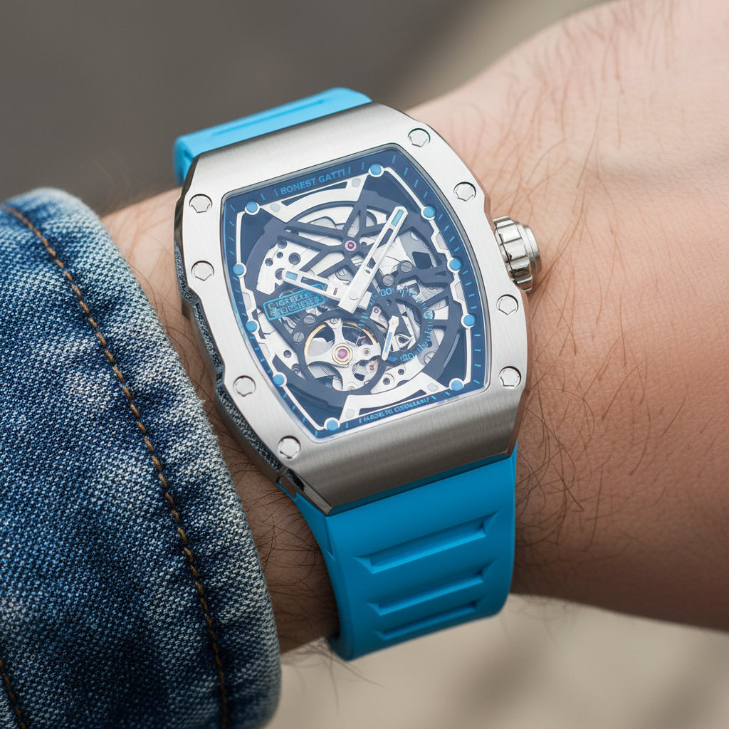 BONEST GATTI BG9901 skeleton automatic watch worn on wrist blue strap lifestyle view showcasing tonneau case and exposed dial