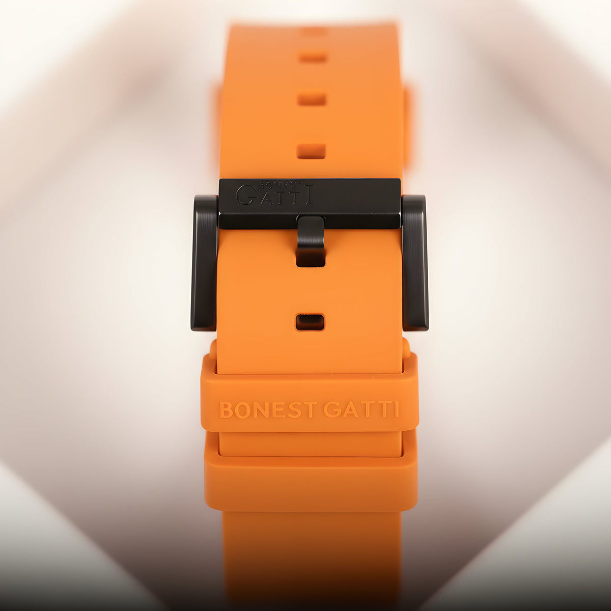 BONEST GATTI BG9901 tonneau skeleton automatic watch orange strap buckle detail with engraved Bonest Gatti logo