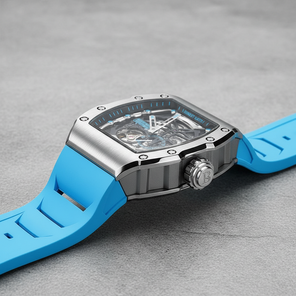 BONEST GATTI BG9901 tonneau watch side profile showing brushed metal case engraved crown and blue strap connection