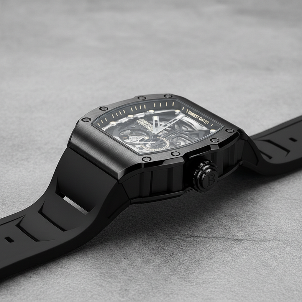 BONEST GATTI BG9901 skeleton automatic watch side view highlighting tonneau case thickness and black strap design