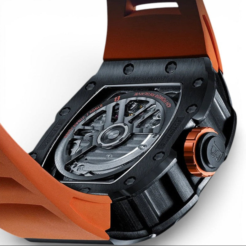 BONEST GATTI BG9901 tonneau skeleton automatic watch caseback showing automatic movement and rotor