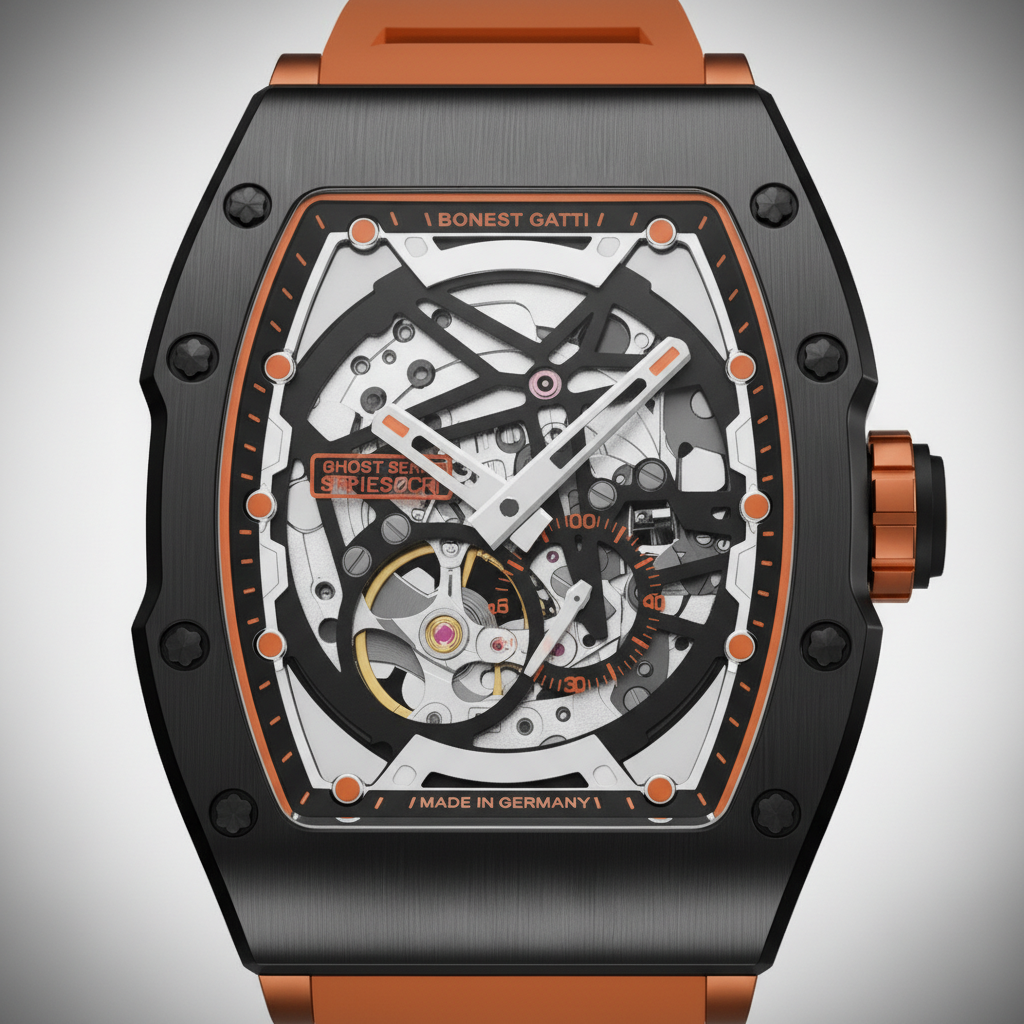 BONEST GATTI BG9901 tonneau skeleton automatic watch front view with orange accents and exposed mechanical movement