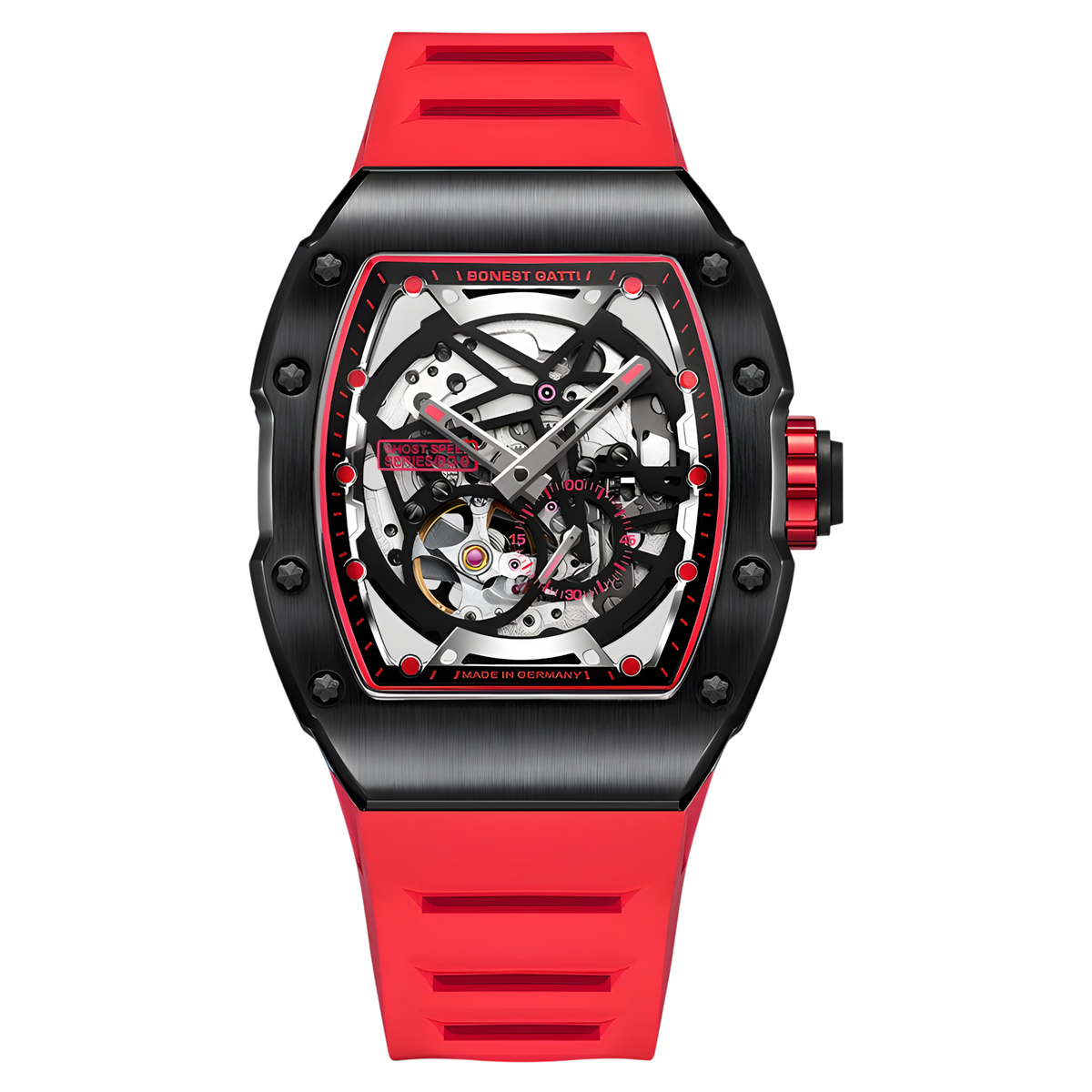 BONEST GATTI BG9901 tonneau skeleton automatic watch front view with red accents and exposed mechanical movement