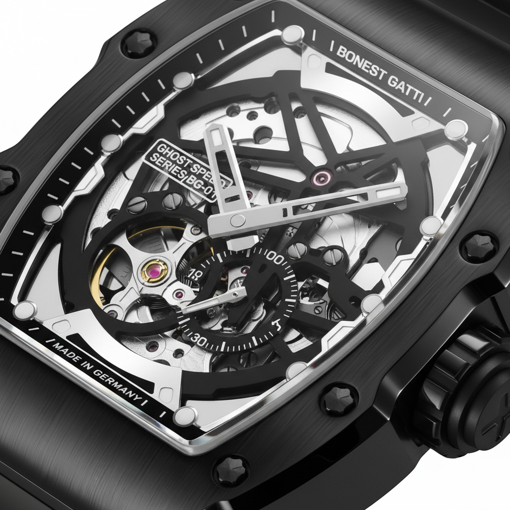 BONEST GATTI BG9901 tonneau skeleton dial close-up revealing exposed mechanical movement and precision details