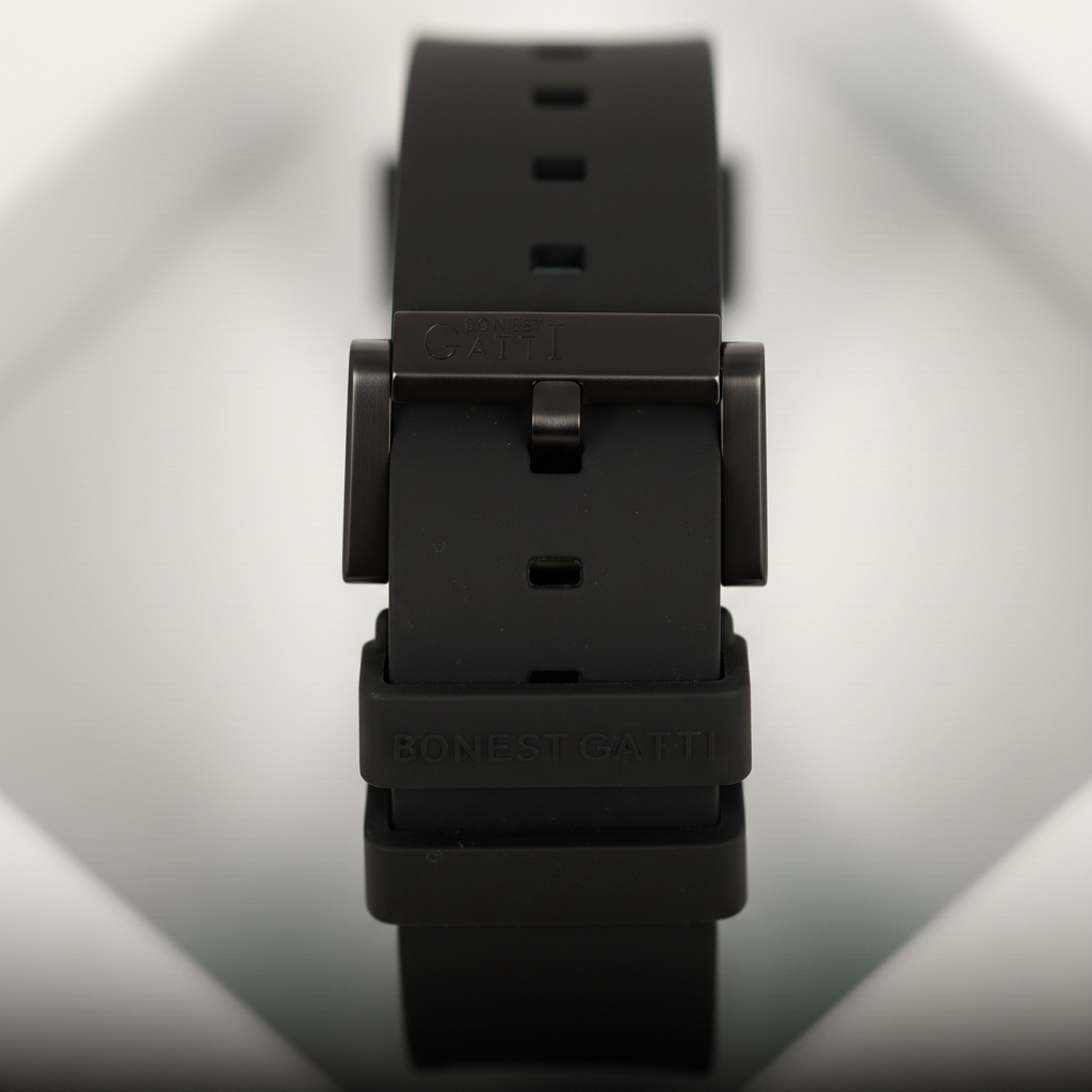BONEST GATTI BG9901 black strap buckle detail showing engraved BONEST GATTI branding and secure clasp
