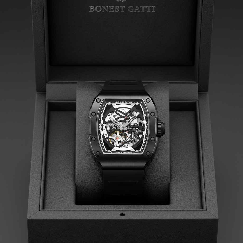 BONEST GATTI BG9901 tonneau skeleton automatic watch displayed in luxury presentation box black strap edition