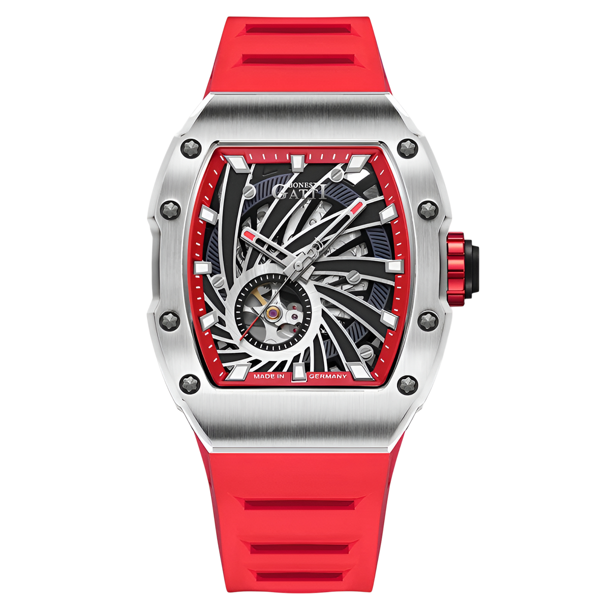 BONEST GATTI BG9902 – Crimson Speed Edition with silver case, red accents, and rubber strap