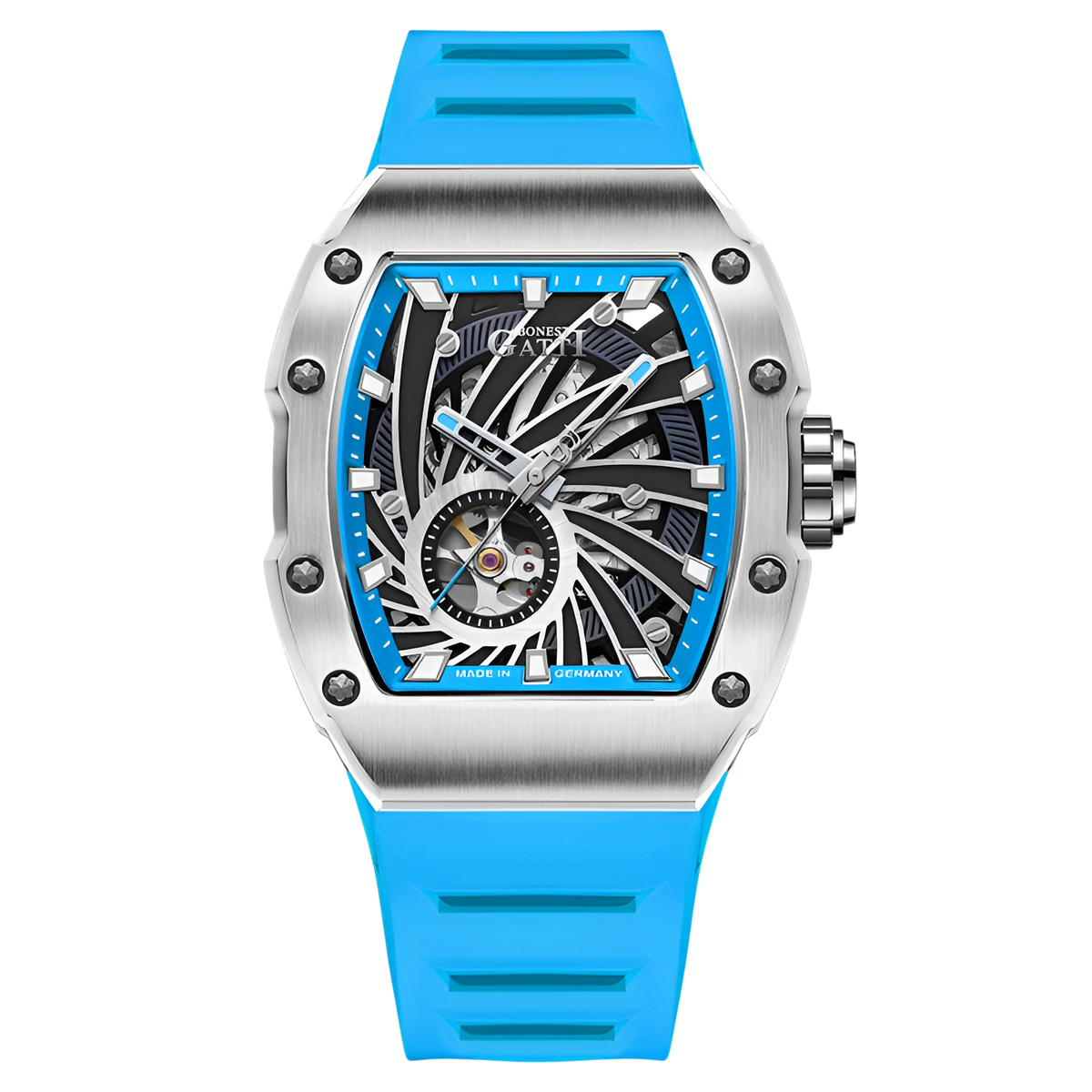 BONEST GATTI BG9902 – Silver Velocity Edition with skeleton dial and blue rubber strap
