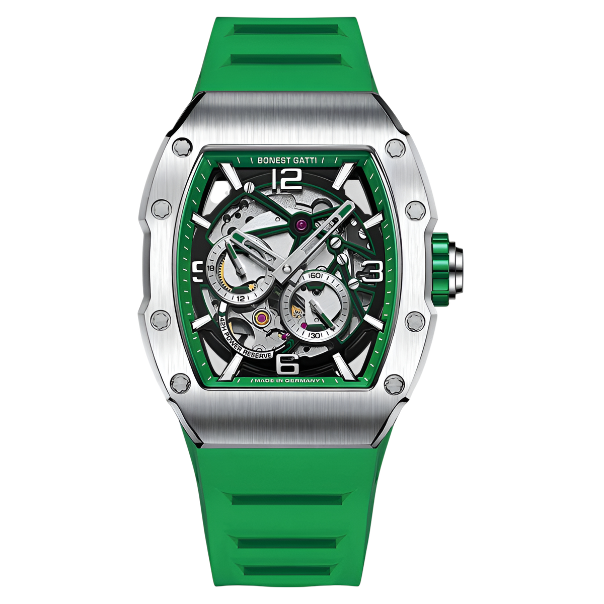 BONEST GATTI BG9903 – Verdant Chrome Edition featuring green strap and skeleton dial