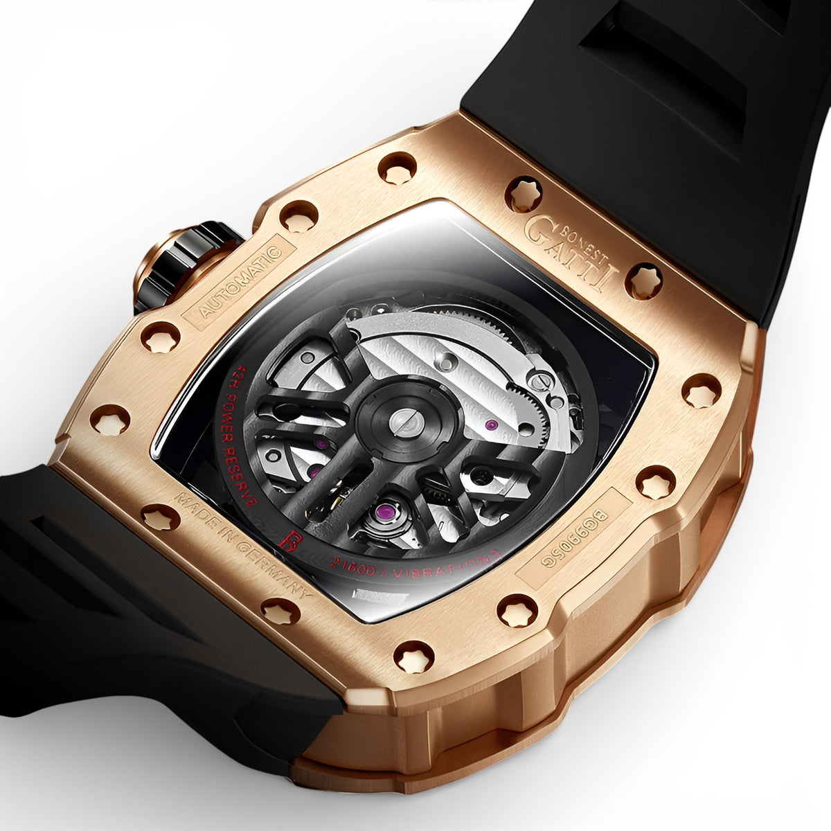 BONEST GATTI BG9905 – Rear case view showing 42-hour power reserve rotor
