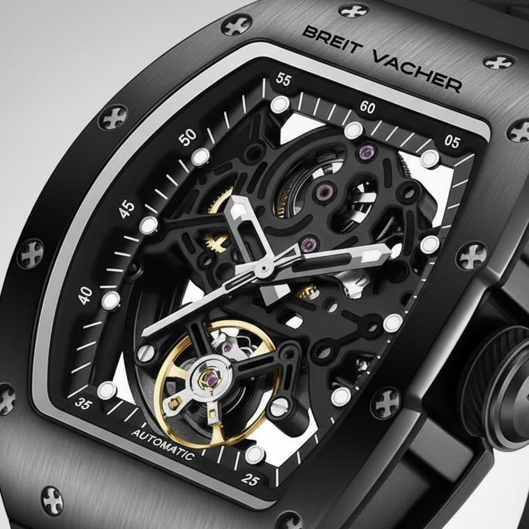 BREITVACHER 919012 - Auto - close-up dial, skeleton movement, gold balance wheel, silver hands