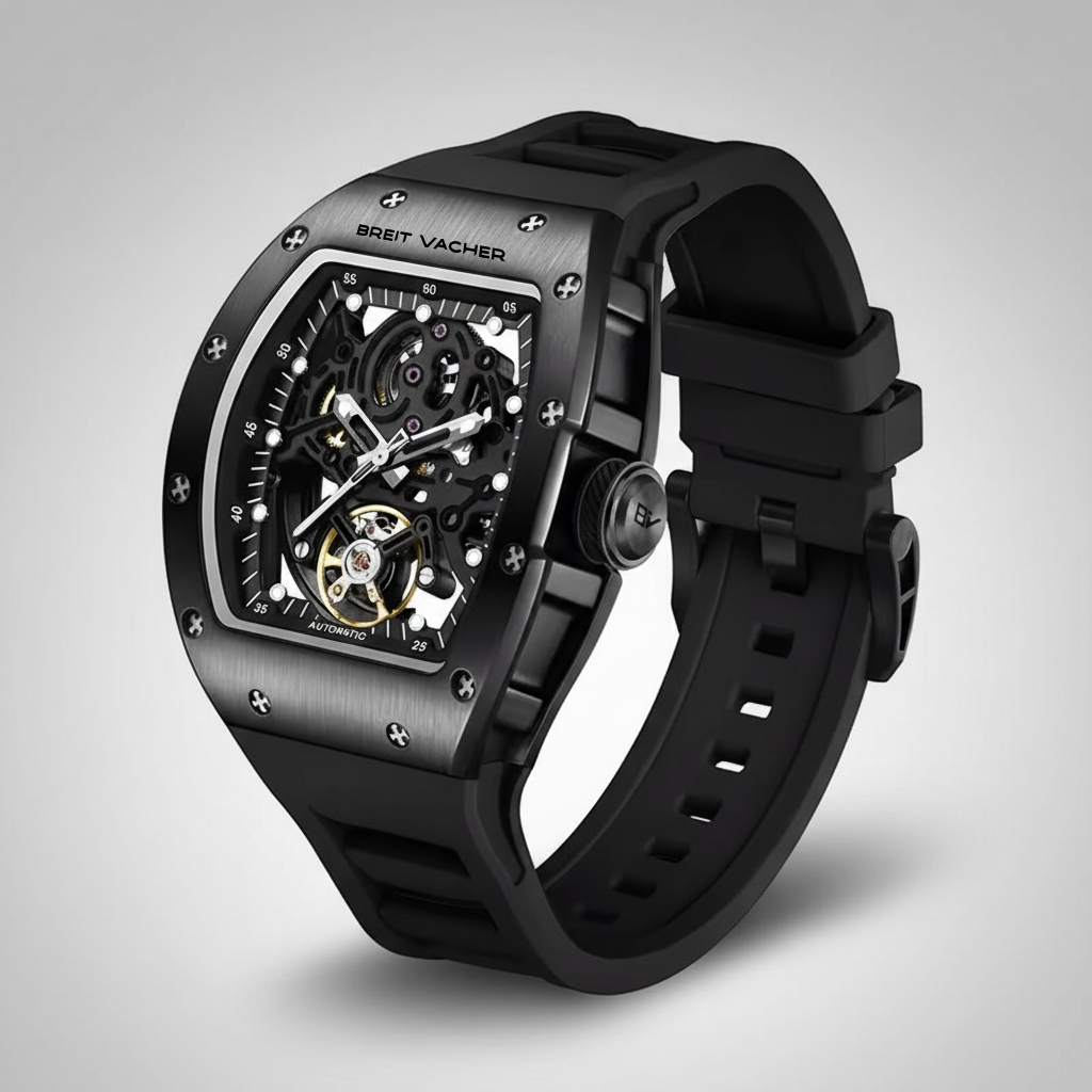 BREITVACHER 919012 - Auto - angled view, black case, rubber strap, exposed movement