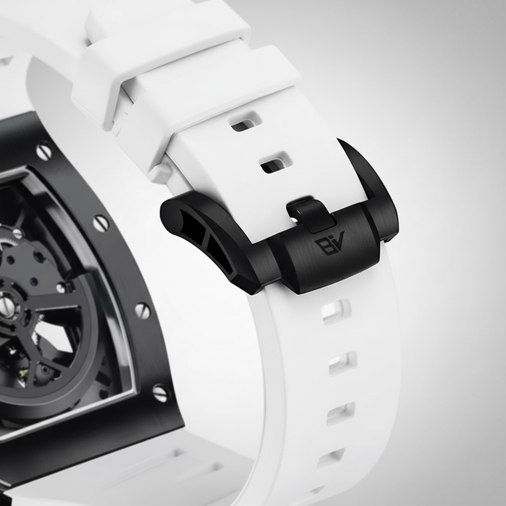 BREITVACHER 919013 - Quar - buckle close-up, black clasp, white strap