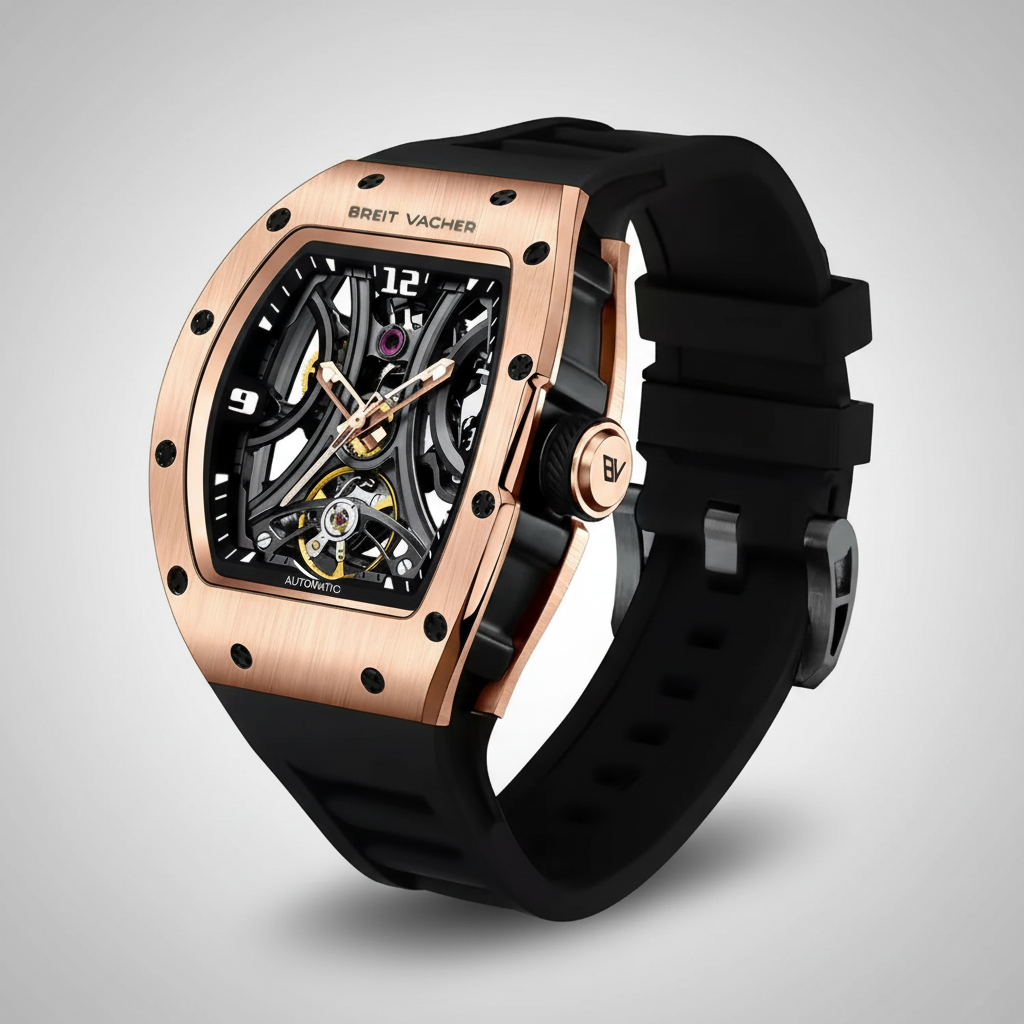 BREITVACHER 91901 - Mecha - Angled view, rose gold, black strap