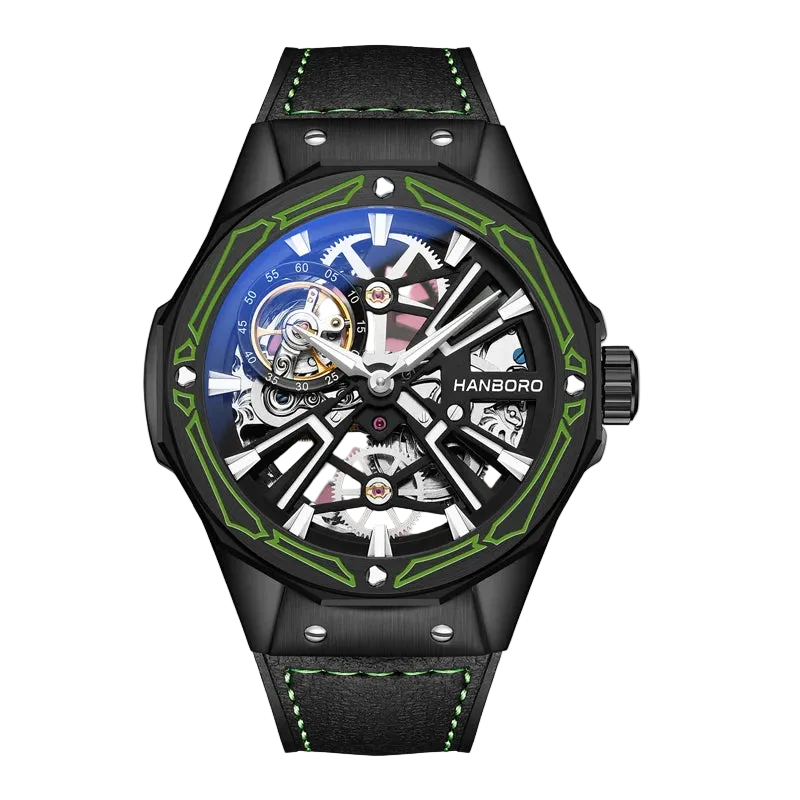 Black and green watch with a detailed face on a white background