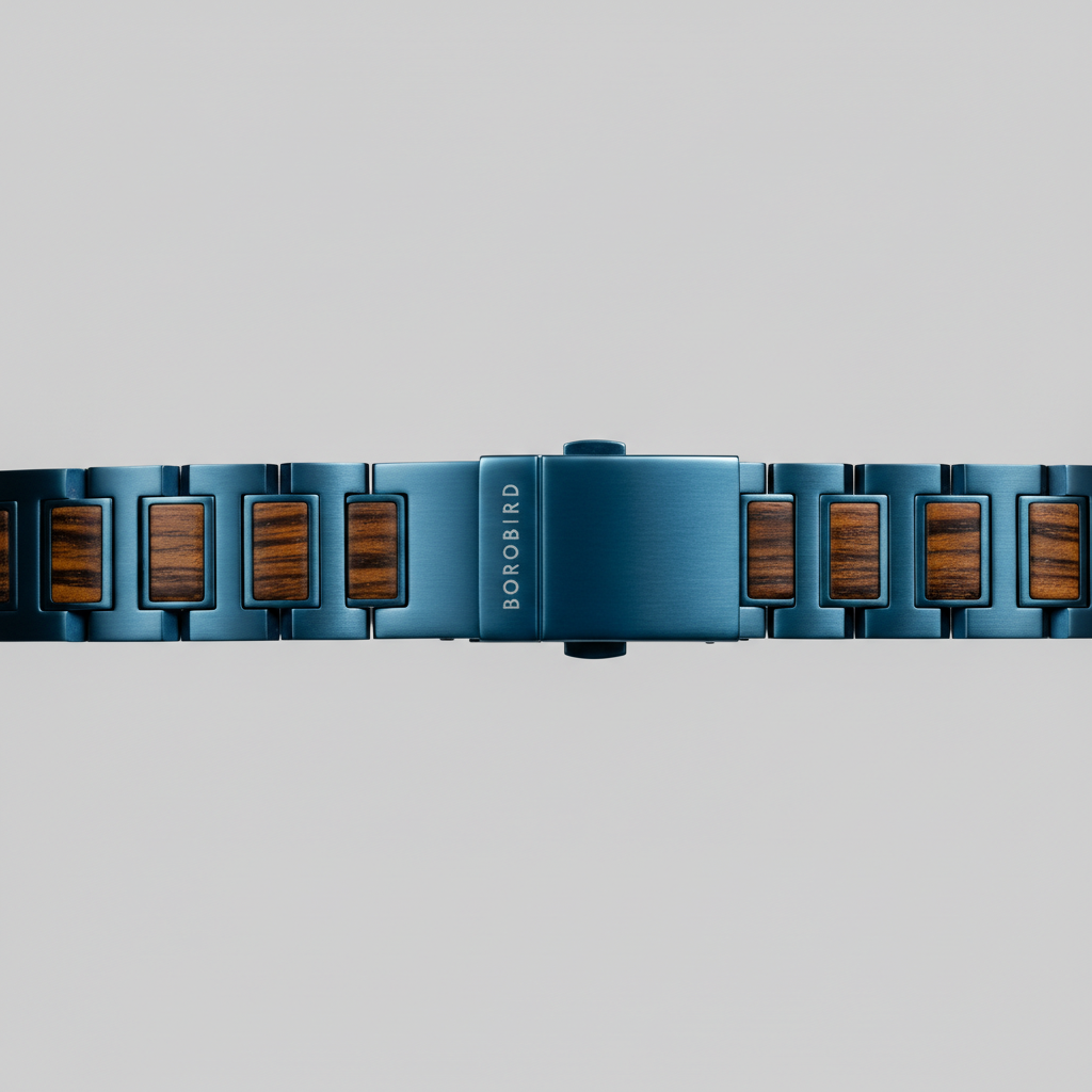 Blue metal and wood watch band on a light gray background