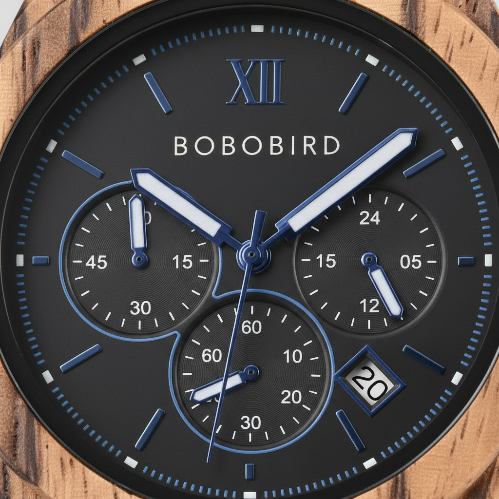 Bobobird watch with black dial and wooden case