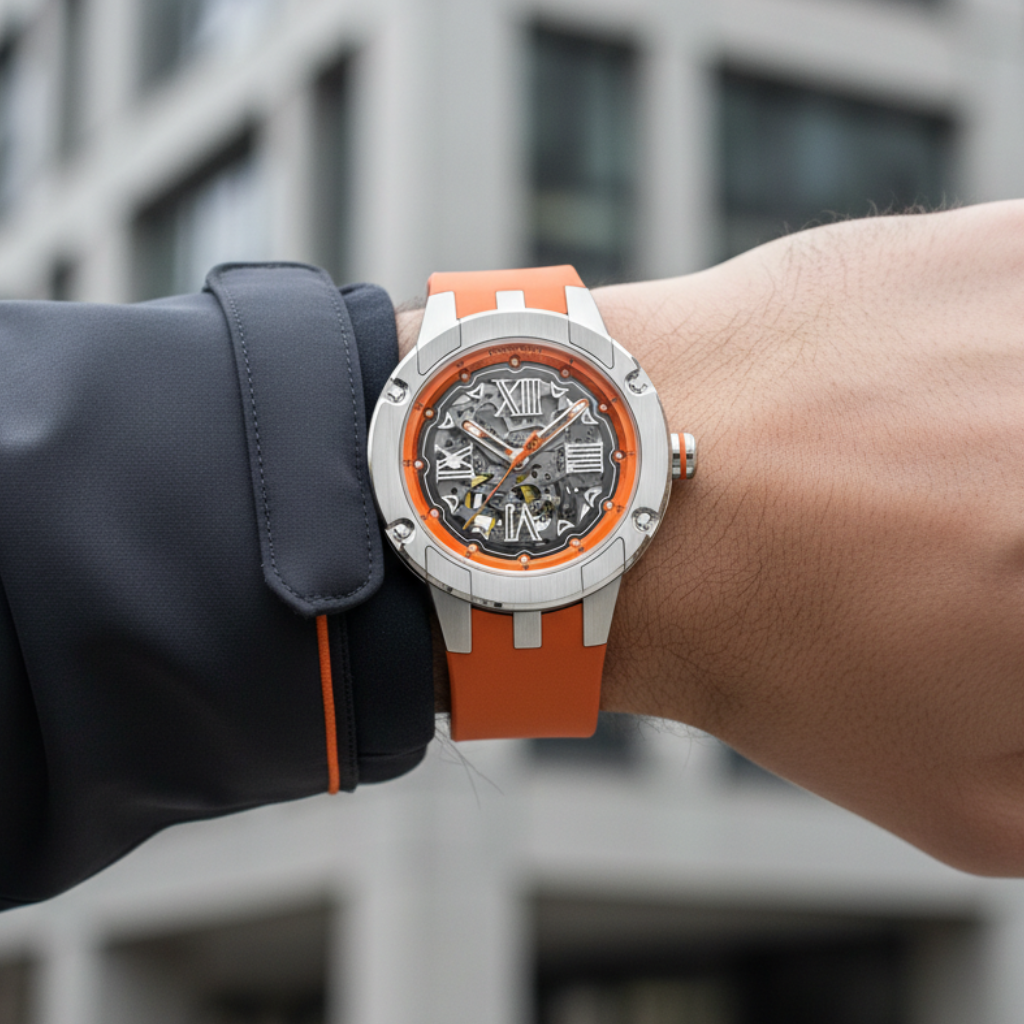 Bonest Gatti BG5803 orange automatic mechanical watch worn on wrist in urban lifestyle setting with skeleton dial visible