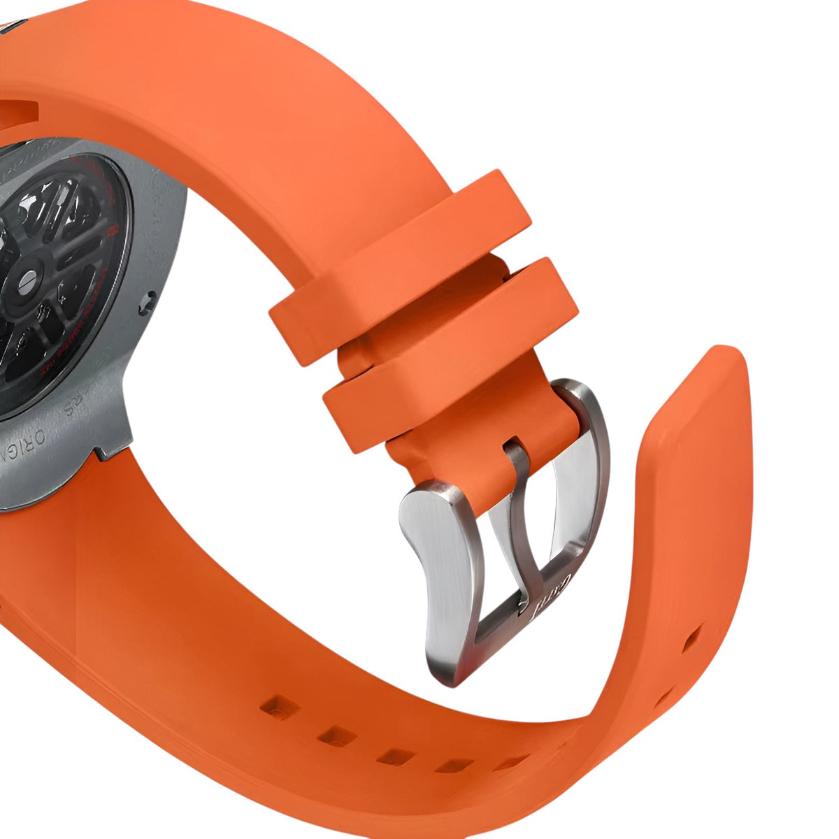 Bonest Gatti BG5803 orange rubber strap detail with stainless steel buckle and perforated adjustment holes