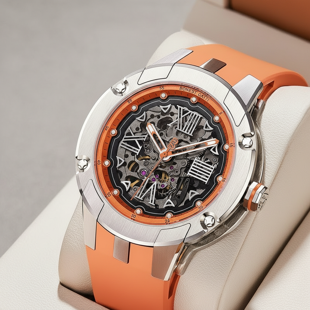Bonest Gatti BG5803 orange automatic mechanical watch front view highlighting skeleton dial and stainless steel case