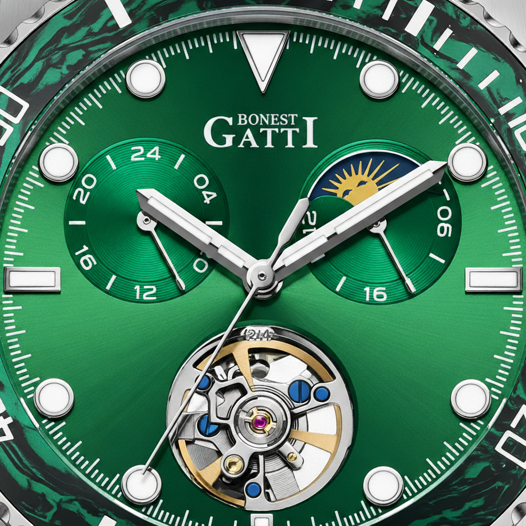 Bonest Gatti BG8003 skeleton dial close up showing automatic movement tourbillon window and refined details