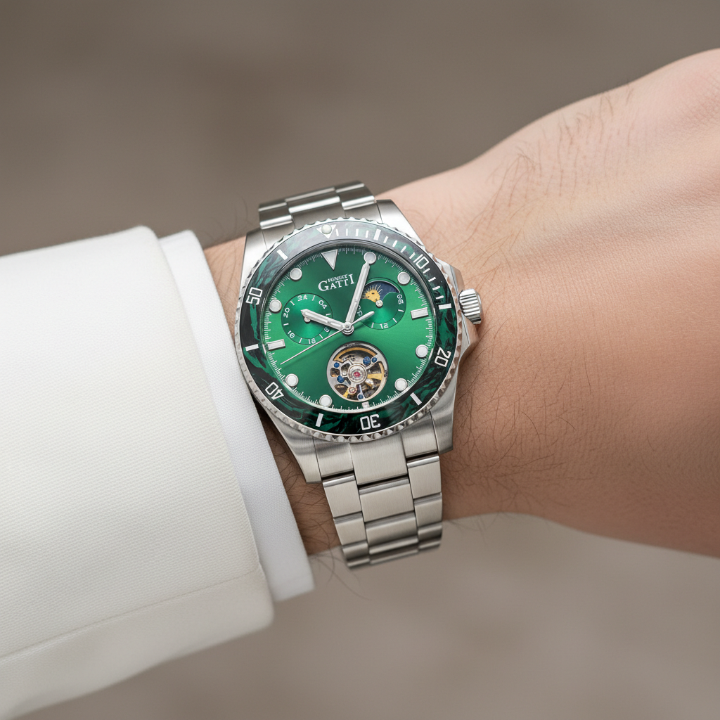 Bonest Gatti BG8003 men’s automatic skeleton watch with silver dial worn on wrist showing elegant stainless steel case