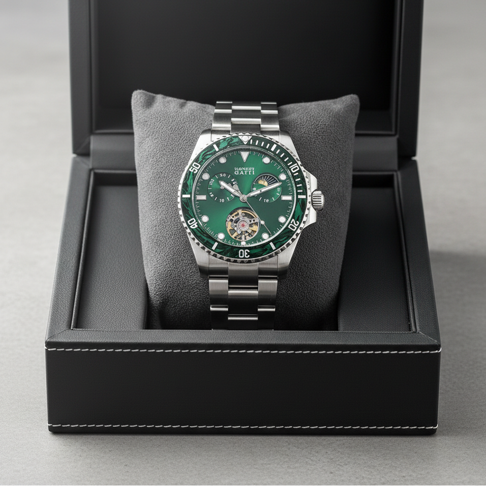 Bonest Gatti BG8003 men’s automatic skeleton watch with silver dial displayed in luxury presentation box with cushion