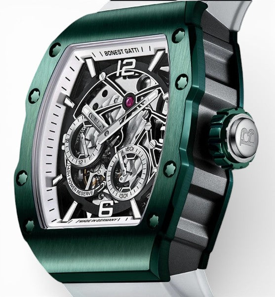 Side profile of BONEST GATTI BG9903 tonneau automatic skeleton watch highlighting green case thickness and crown