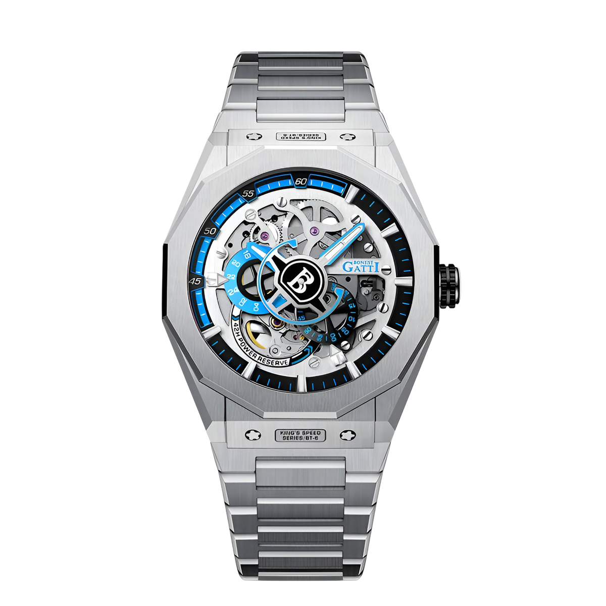 Bonest Gatti BG7601-S Automatic Watch with blue skeleton dial and metal bracelet