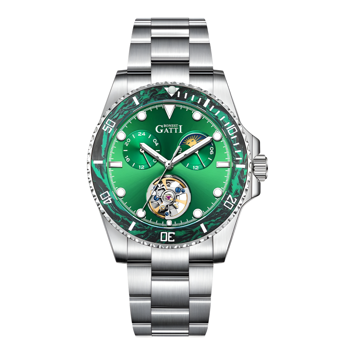 Bonest Gatti BG8003 Automatic Skeleton Watch green dial open-heart movement steel strap
