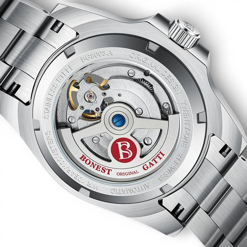 Bonest Gatti BG8003 Automatic Watch transparent caseback revealing mechanical rotor