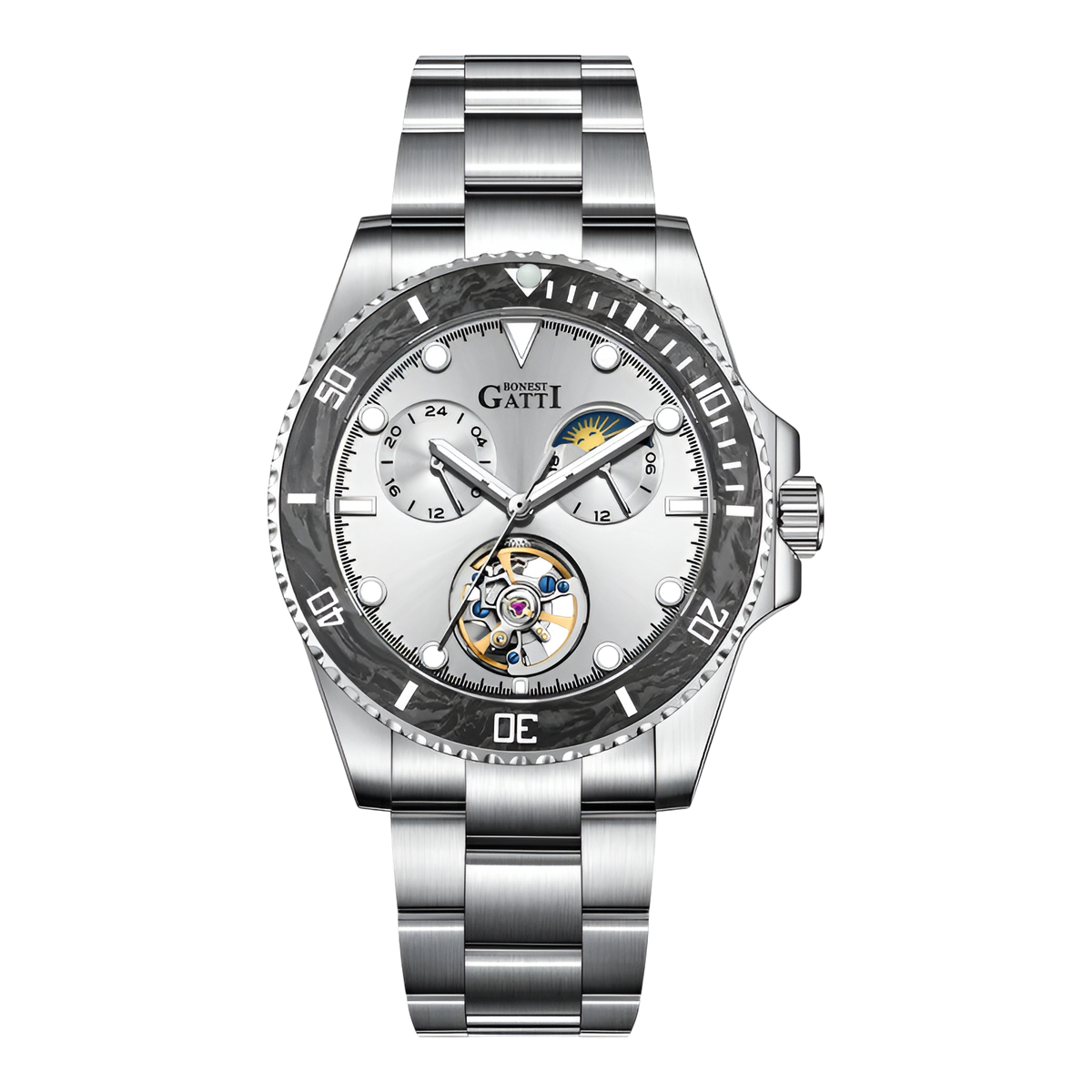 Men’s automatic skeleton watch BG8003 silver dial sapphire crystal stainless-steel bracelet