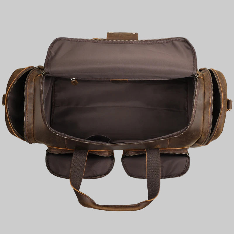 Men's Leather Travel Duffle Bag — Crazy Horse - top down open interior