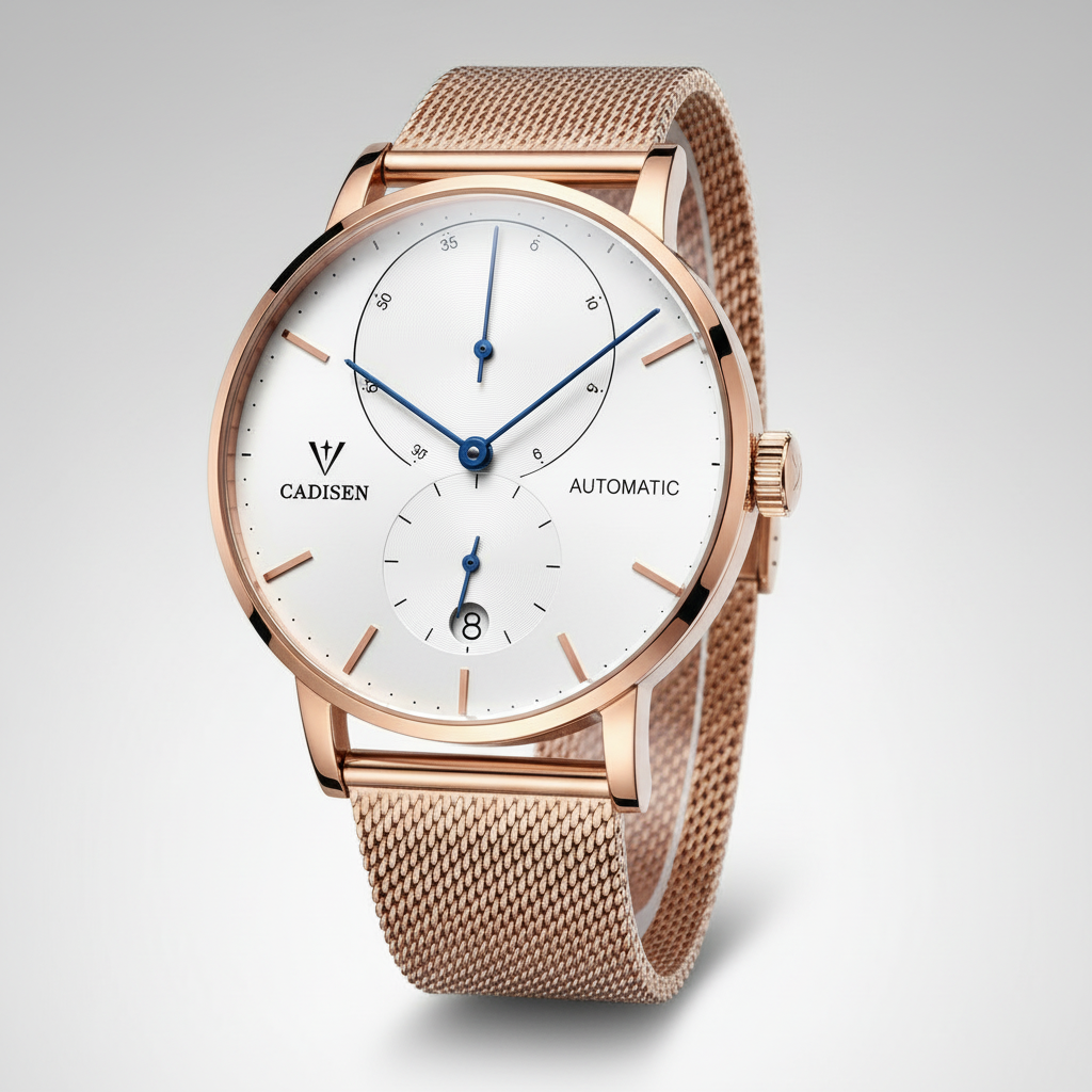 CADISEN C1030 - Automatic Mechanical Watch Rose gold watch with white face and blue accents on a light gray background