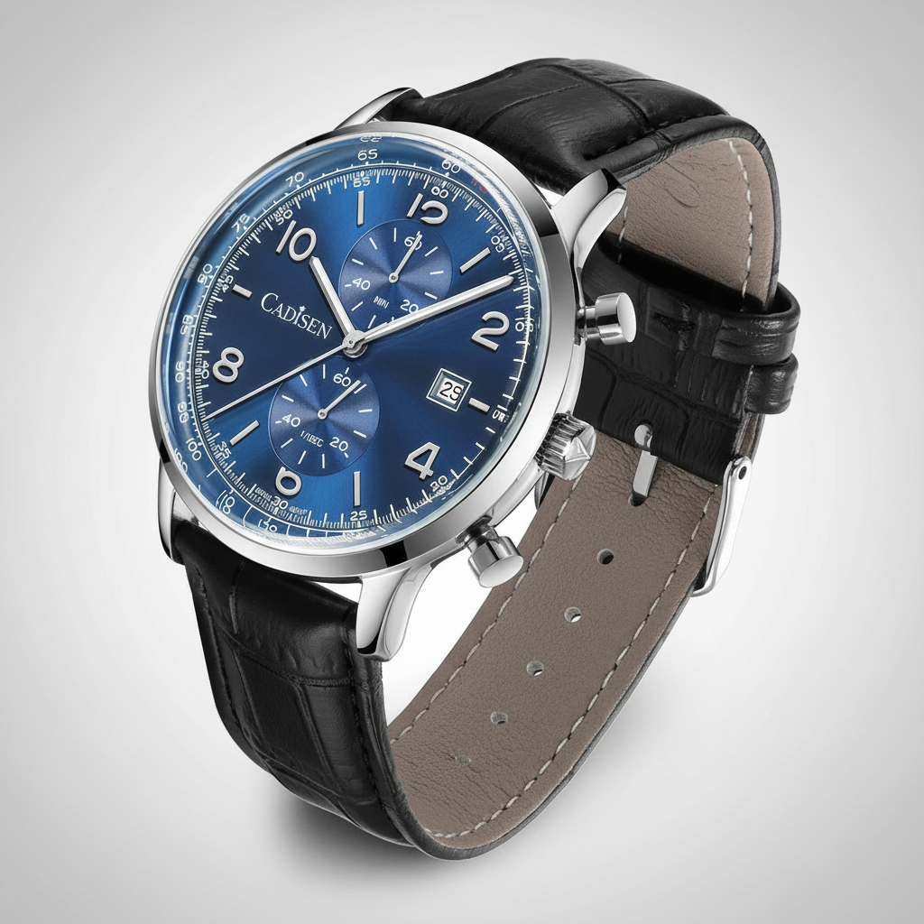 CADISEN C7065 - Men Quart - angled view, open strap, silver case