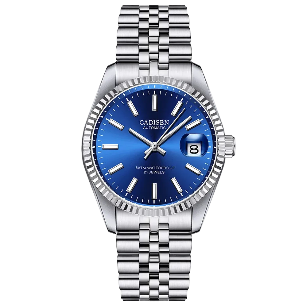CADISEN C8053 - Men Autom - blue dial, jubilee bracelet, fluted bezel