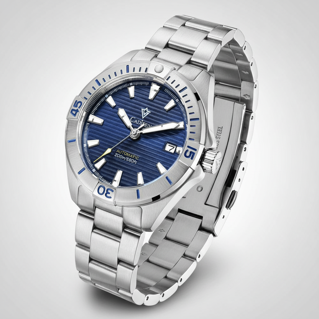 CADISEN C8218 - Mechanica - angled view, blue dial, brushed steel