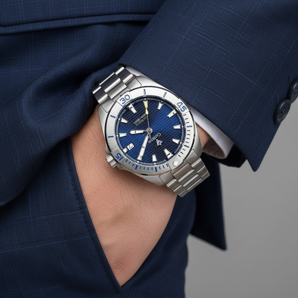 CADISEN C8218 - Mechanica - on wrist, blue suit, lifestyle shot