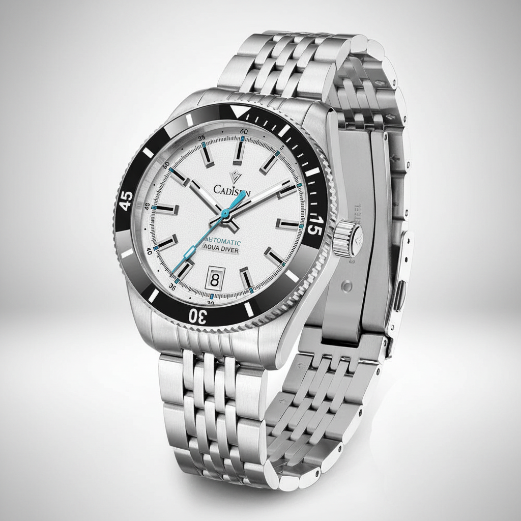 CADISEN C8237 - Automatic - angled view, case back, jubilee bracelet