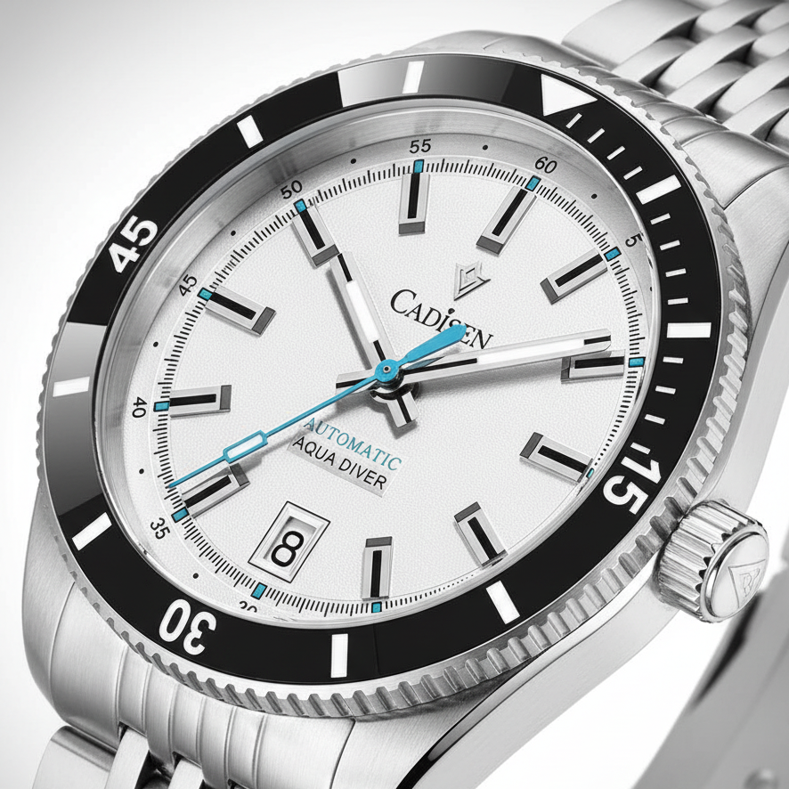 CADISEN C8237 - Automatic - dial close-up, bezel detail, white face
