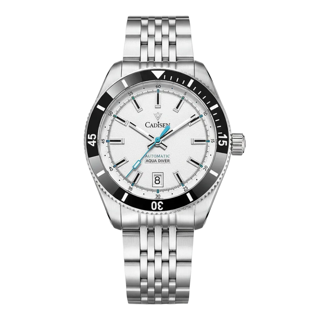 CADISEN C8237 - Automatic - front view, white dial, jubilee bracelet