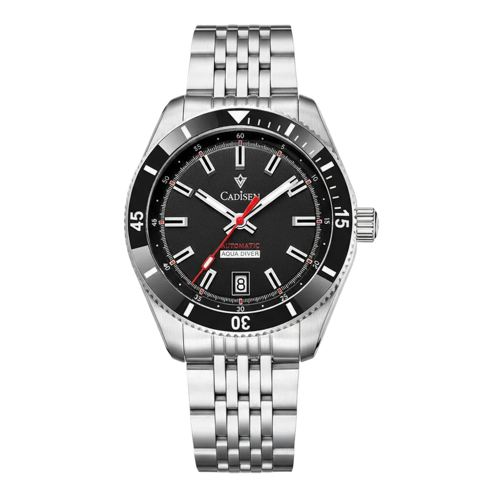 CADISEN C8237 - Automatic - top-down view, full watch, bracelet spread