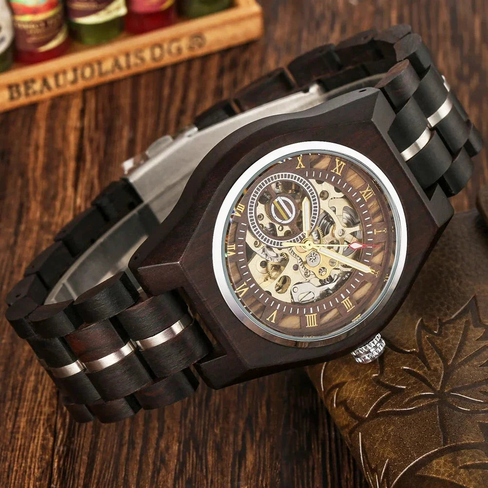 CHENXI W581703 – Men’s Stylish Retro Wooden Automatic Mechanical Watch Skeleton Design breitvacher