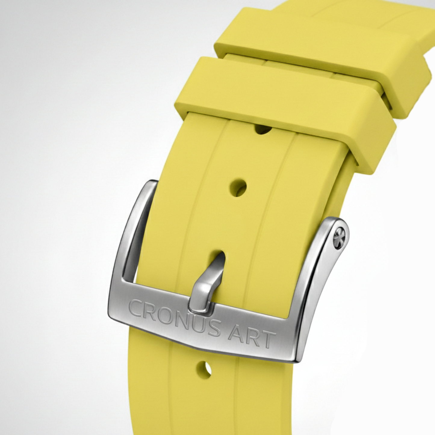 CRONUSART CM021-001 - Men's Automatic Mechanical Yellow watch strap with silver buckle on a light gray background
