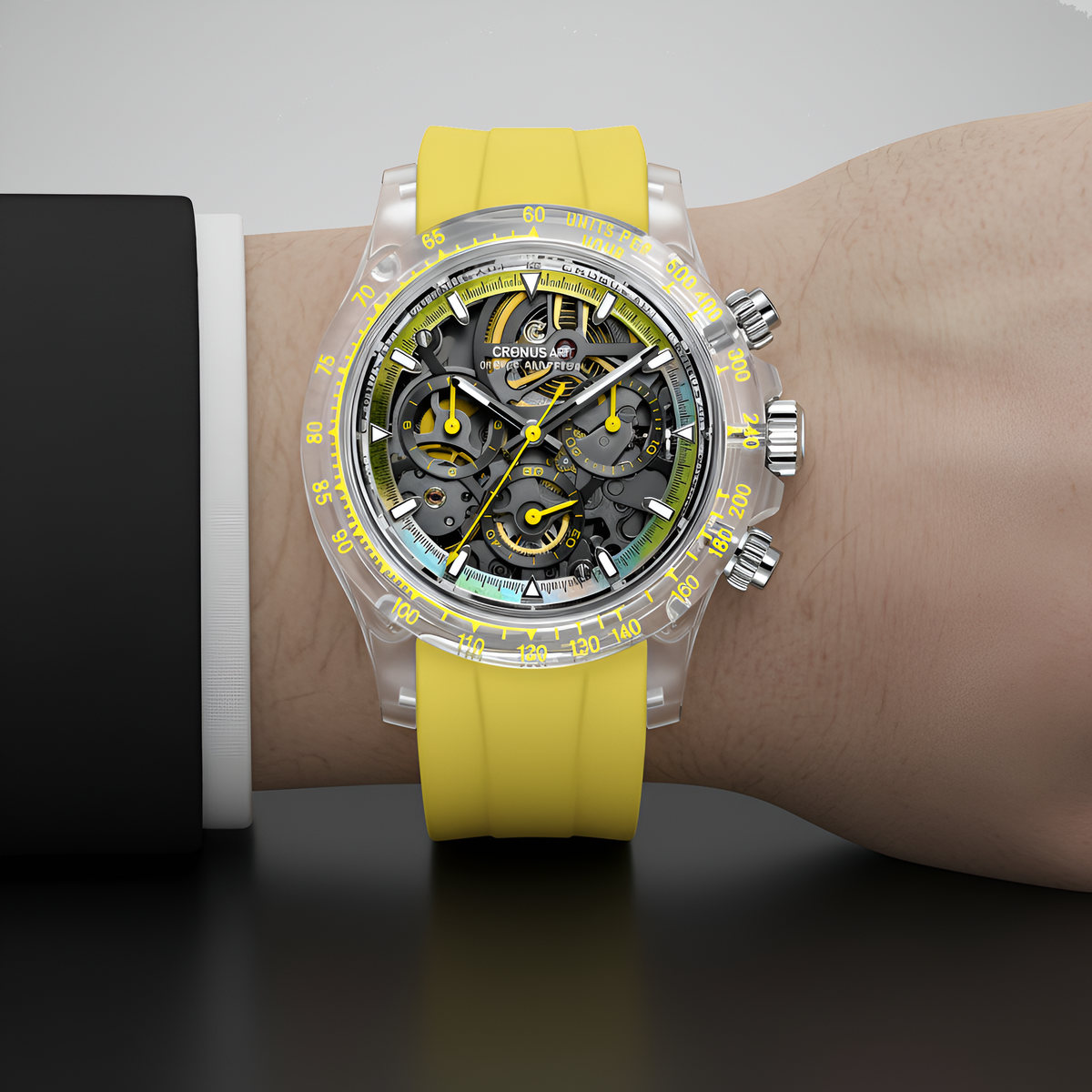 CRONUSART CM021-001 - Men's Automatic Mechanical Wrist wearing a yellow watch with a clear case on a dark background
