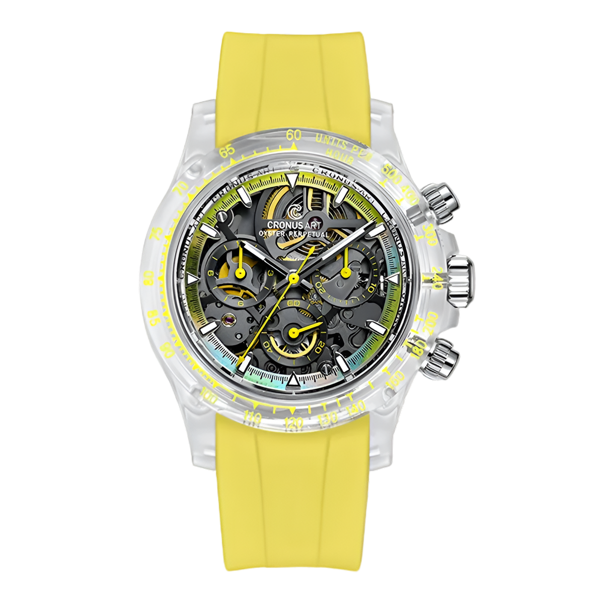 CRONUSART CM021-001 - Men's Automatic Mechanical Watch with yellow strap and transparent case on a white background