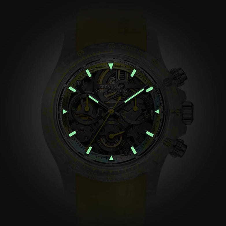 CRONUSART CM021-001 - Men's Automatic Mechanical Black watch with glowing green hands and markers on a dark background