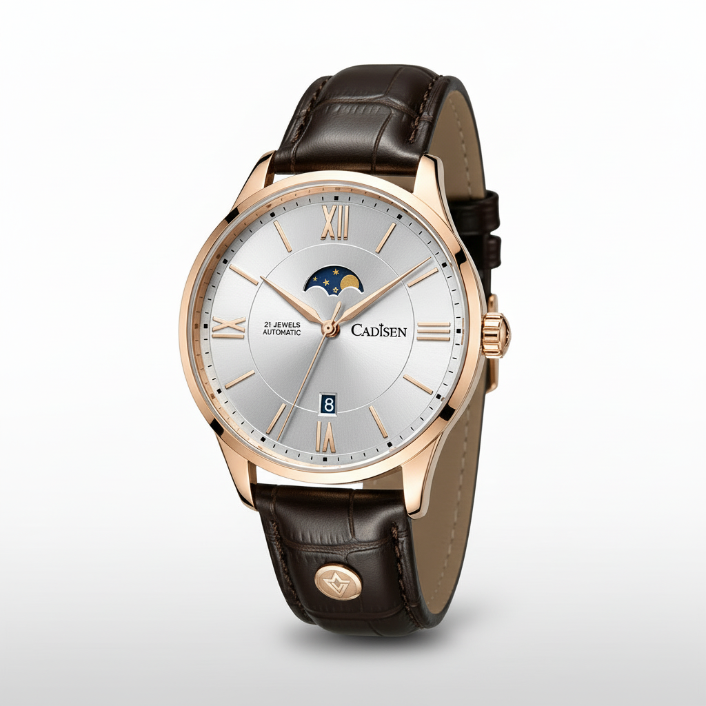 Cadisen C8188 - Automatic - angled view, polished finish, crocodile strap
