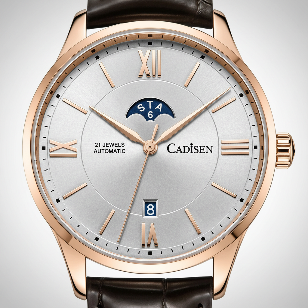 Cadisen C8188 - Automatic - dial close-up, moon phase, date window