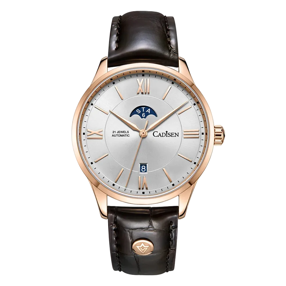 Cadisen C8188 - Automatic - front view, rose gold, brown leather